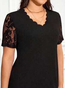 Miaspire Plus Size Women Elegant Short Sleeve Lace Patchwork Black Mini Dress, Gifts For Mother,Summer Holiday,Vacation Outfits Women,Simple And Fashionable For Everyday Wear,Vacay Vibes,Springbreak,Casual Wear SS,Bohemia