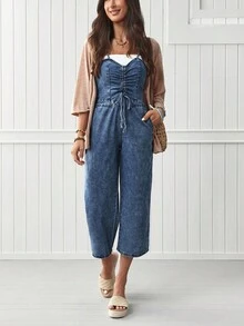 EMERY ROSE 女式前抽绳阔腿休闲牛仔连身裤 - 中等水洗藍 - 查看 5