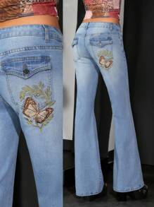 Jeanoix Y2K Butterfly Embroidered Low Stretch Washed Denim Flare Pants - Light Wash - View 1