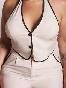 Lupita Cardoza Women's Sexy Contrast Color Trim Backless Halter Neck Top And Long Pants 2 Pieces Set - Apricot - View 3