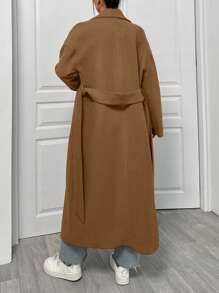 EURMUSE Lapel Neck Double Breasted Slant Pocket Waist Belt Tie-Up Woolen Overcoat - Camel - View 2