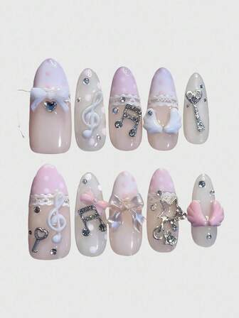 Kawaii Punte di unghie finte, stile ballerina, con bordo in pizzo, fiocco romantico a forma di cuore, ali bianche in metallo, note musicali rosa, prodotte in serie per ragazze energiche, adatte per uscite quotidiane e appuntamenti