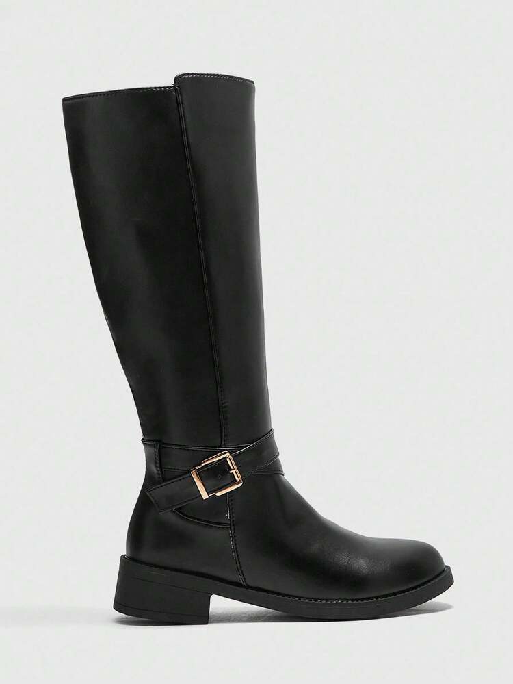 CUCCOO BIZCHIC Women's Round Toe New Flat Thick Sole Black Side Zipper Knee-High Boots, Versatile Daily Commute Flat Tall Boots For Christmas Spring Shoes