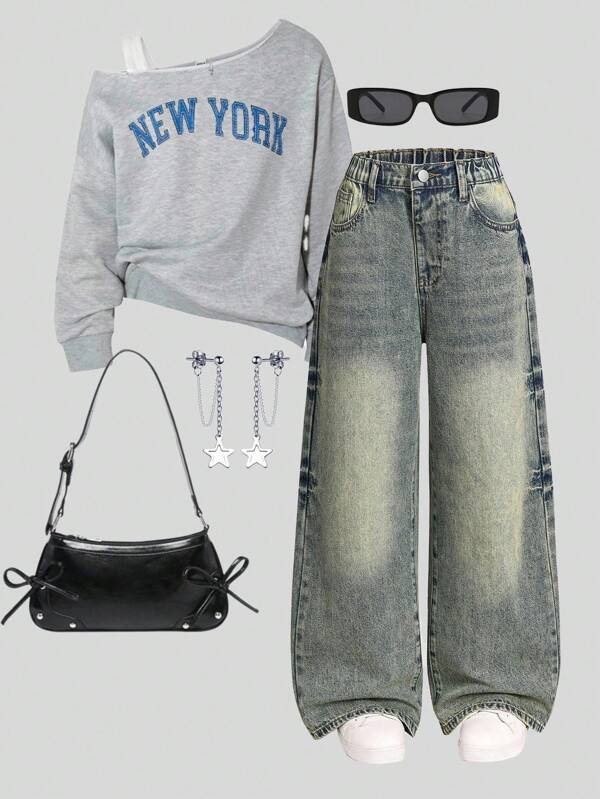 Sweetra Young Vintage Distressed Mustard Yellow Wide Leg Loose Straight Jeans For Tween Girls Non-Skinny
