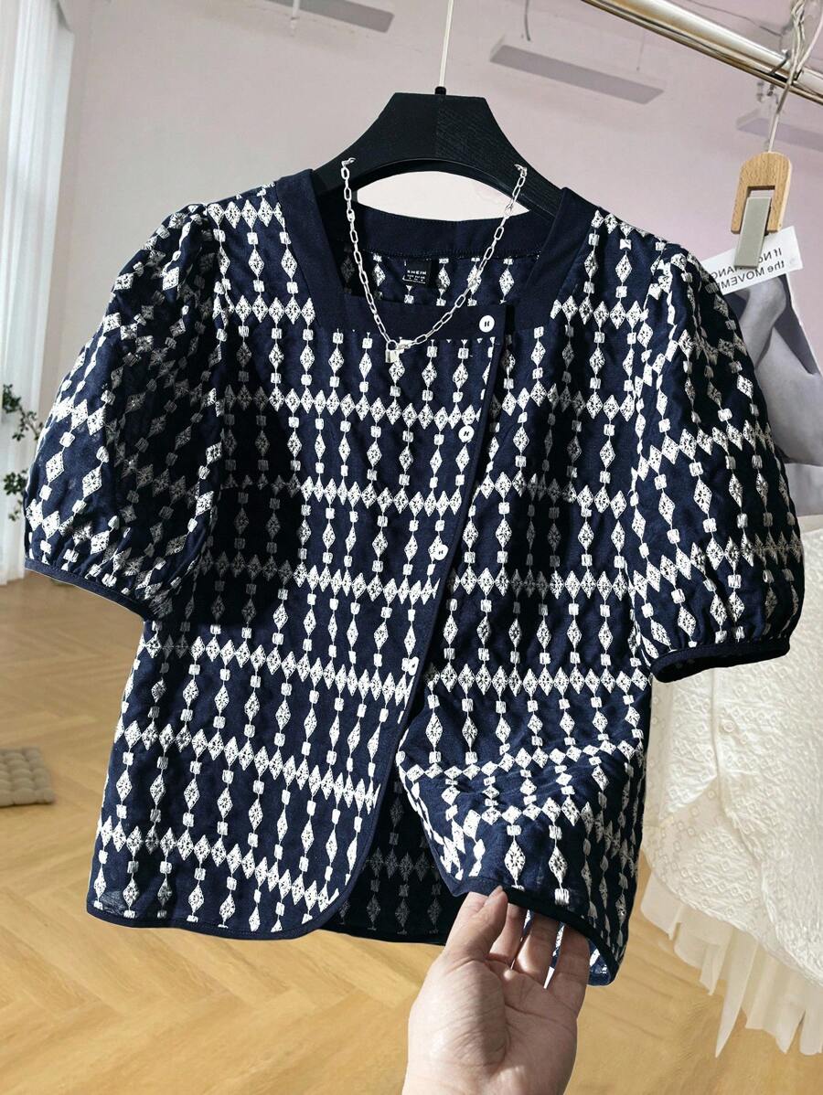 Franclia Women's Geometric Pattern Square Collar Contrast Color Oblique Placket Casual Shirt - Navy Blue - View 1