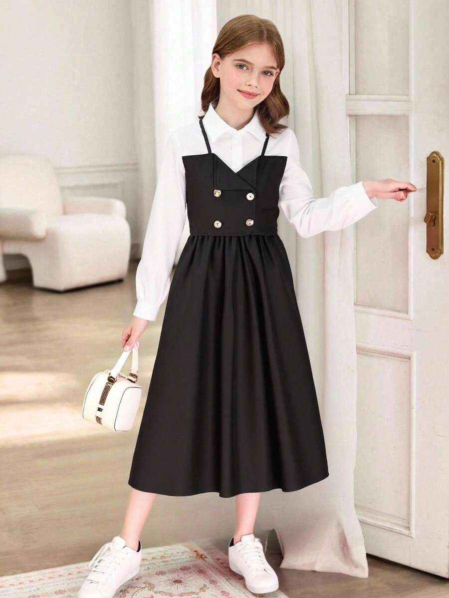 1 件女童长袖翻领衬衫裙,休闲中长连衣裙,适合日常穿着,秋季 - 黑與白 - 查看 1
