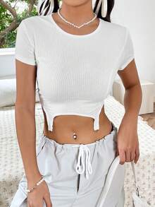 SHEIN EZwear Solid Asymmetrical Hem Crop Tee - White - View 4