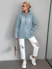 EURMUSE Sudadera Con Capucha Con Diseño De Impresión De Texto Y Cordón Ajustable - Celeste - Ver 3