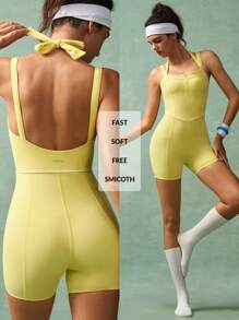 VARSIVA Women's Solid Color Zipper Half Placket Camisole Sports Romper - Yellow - View 11