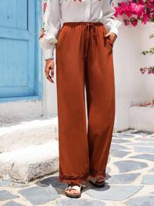 Vivid Eden Pantalones anchos de pierna ancha con dobladillo con flecos de unicolor para vacaciones de mujer - Óxido marrón - Ver 4
