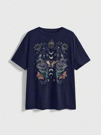 T-shirt long noir style gothique avec imprimé plante et œil de serpent pour femmes grandes tailles