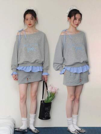 青少年（女孩）休闲韩版宽松蝴蝶结字母印花立领卫衣，开学季百搭