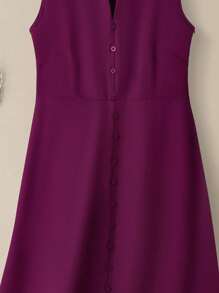 EMERY ROSE 2025年夏季新款女式无袖方领极简主义长裙，简约优雅修身A字型纽扣前中长裙，方领露背开衩下摆长裙，通勤礼服，派对优雅紫色连衣裙 - 紫色 - 查看 6