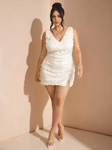 SHEIN BAE Plus Size Deep V-Neck Bodycon Mini Dress With Slit, Tight Fit, Suitable For Banquet, Event, Party, Cocktail Party, Night Out