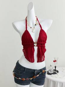 Elamini 女士休闲度假纹理串珠吊带背心 - 酒紅色 - 查看 7