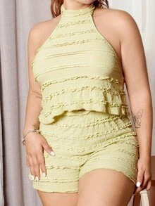 Lupita Cardoza Bộ đồ hai mảnh áo ba lỗ cổ tròn hở vai màu xanh lá cây giản dị dành cho nữ và quần short rộng rãi, Xuân/Hè - màu xanh lá - Xem 4