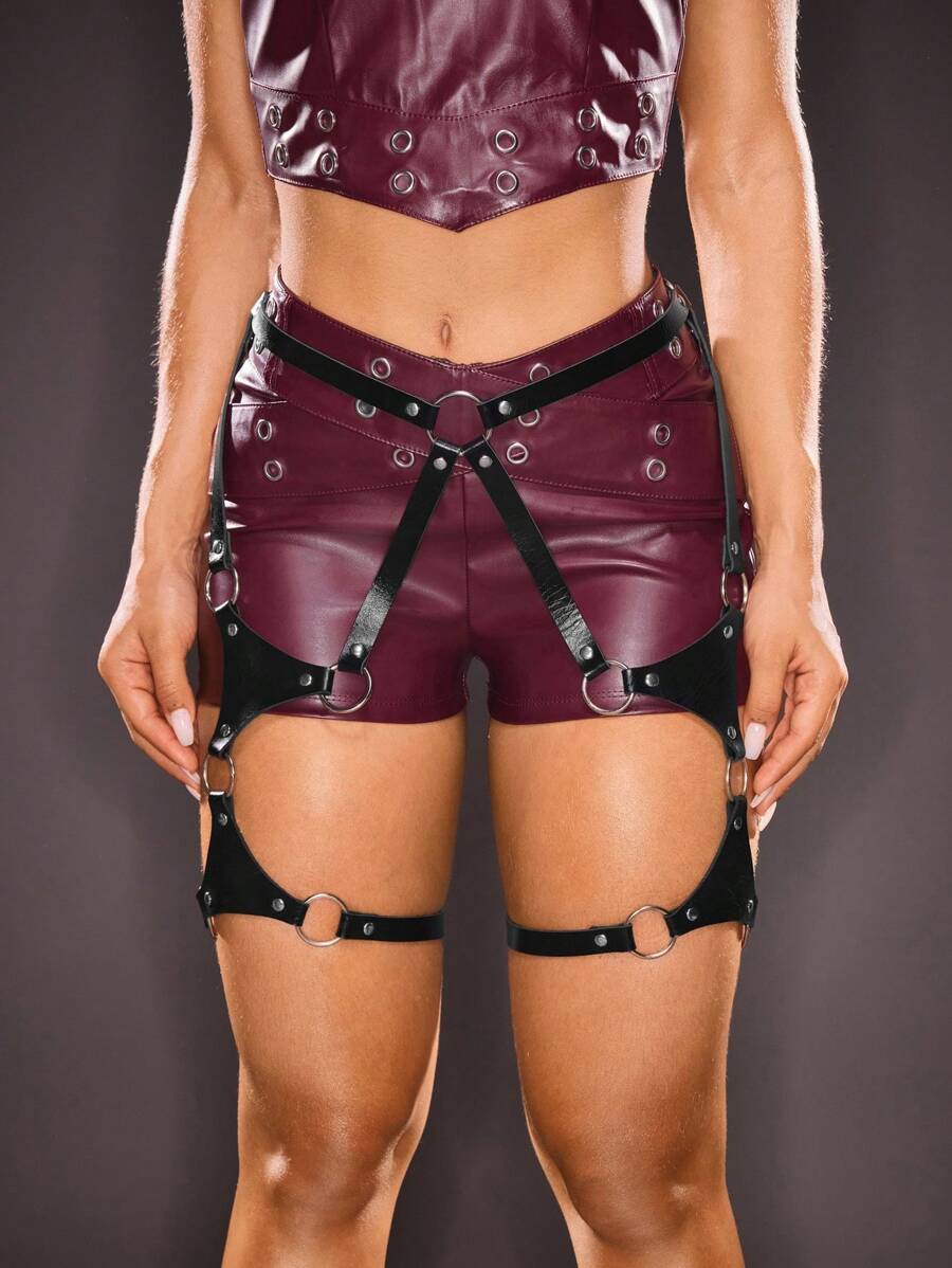 SHEIN ICON Lace-Up Metal Ring PU Patchwork Bondage Waist Belt Rivet Leg Garter Sexy Punk Waist Belt