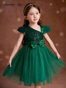 Glamorique Kids Vestido de Navidad para niños, vestido de fiesta, vestido de Santa, vestido de Año Nuevo, vestido de bola de Navidad para niños, vestido de princesa con tirantes asimétricos de niña, vestido de satén verde con brillo, vestido de malla verde con volumen, vestido con lazo, vestido de otoño, vestido para salida, vestido de cumpleaños de niños, vestido de Navidad, vestido de actuación, vestido de cuatro estaciones para Oriente Medio - Verde - Ver 4