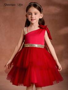 Glamorique Kids 4-Season Girls' Christmas Shiny Performance Dress,Red,Summer,Satin,Party,Sleeveless Oblique Shoulder Big Bow Tulle Layered Sheer Gold Decor Princess - Red - View 5