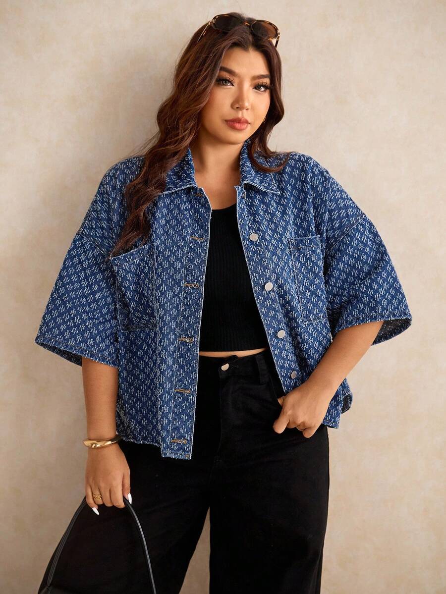 Elaquor 大码女式落肩单排扣口袋休闲宽松牛仔上衣 - 深色水洗藍 - 查看 1