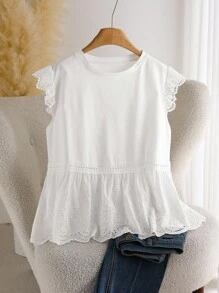 CosyJoli 大码女式夏季休闲简约刺绣蕾丝拼接圆领短袖T恤