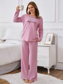 EURMUSE 100% 纯棉两件套字母标语印花撞色缝线睡衣套装 - 粉色 - 查看 3