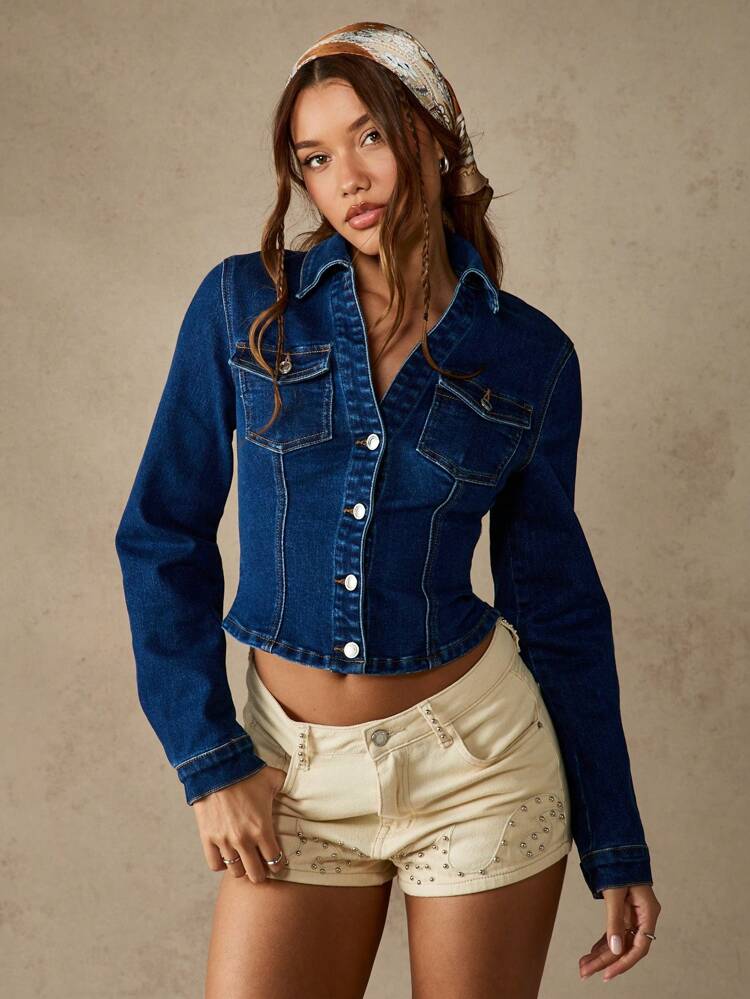 MISSGUIDED Fitted Cropped Denim Jacket Western Style Collared Button Down Long Sleeve Classic Autumn Spring Casual Streetwear Fashion