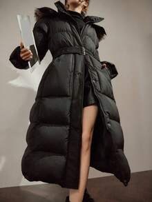DAZY Women's Fashionable Fur Collar Hooded Jacket With Belt, Winter Long Puffer Coat Women Long Winter Coat Women Puffer Coat With Belt Winter Coat With Fur Hood Long Black Puffer Coat