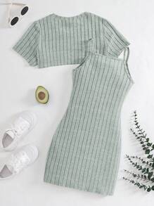 SHEIN 2 件套青少年女孩浅灰色修身针织背心裙和短款短上衣，休闲套装 - 綠色 - 查看 2