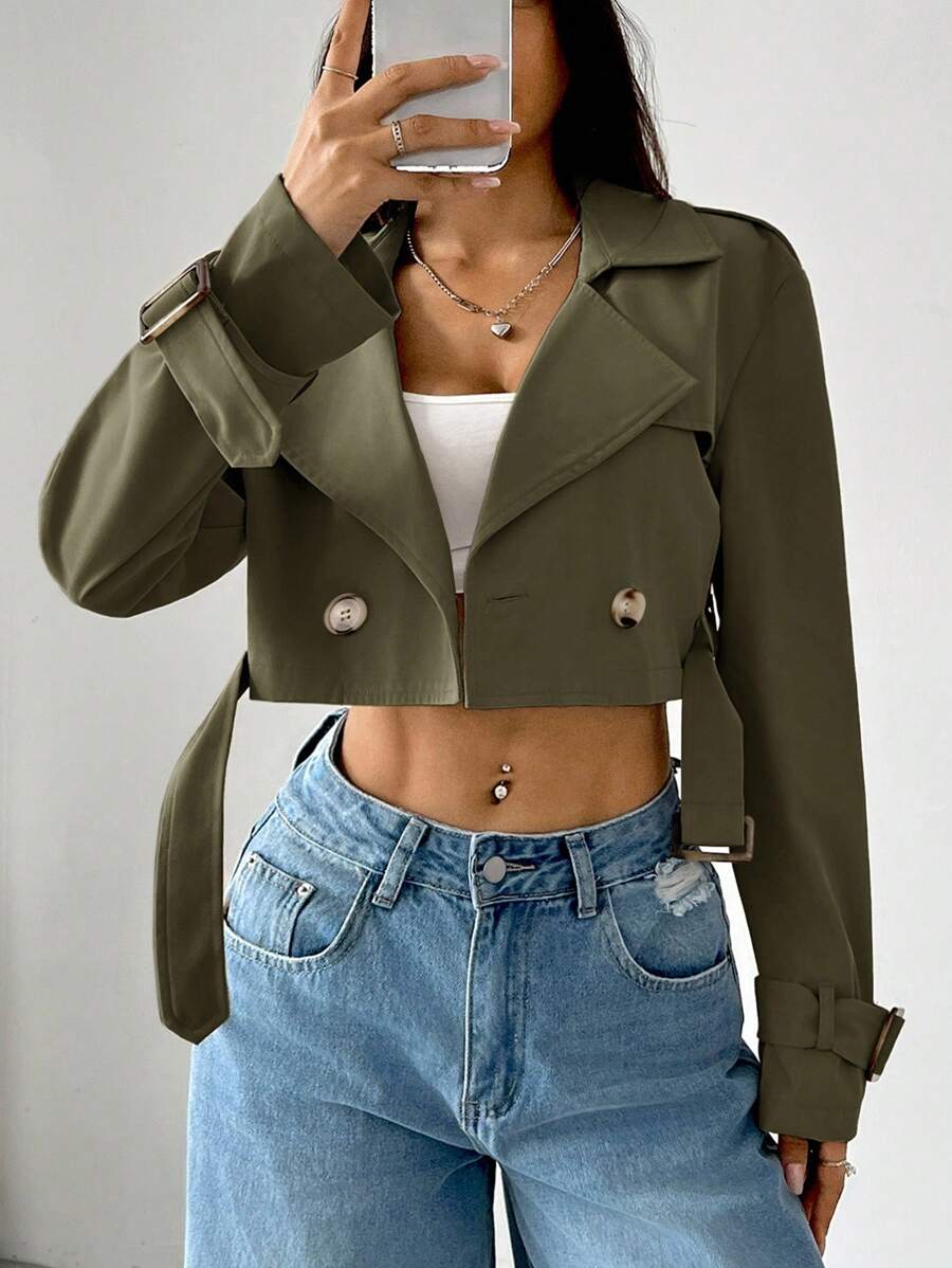 SHEIN EZwear 女款缺口領鈕扣前襟長袖短款風衣,適合秋冬日常休閒穿著,軍綠色 - 軍綠色 - 查看 1