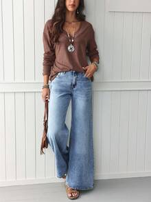 EMERY ROSE Quần Jeans Ống Rộng Dáng Rộng Có Nút Túi Phía Trước Cho Nữ - Rửa nhẹ - Xem 3