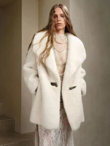 Revavyn Revavyn Women's Off-White Furry Drop Shoulder Loose Long Fake Fur Coat,Winter Elegant Large Lapel Leather Button Fluffy Jacket For Dinner Date Holiday Party - Beige - View 5
