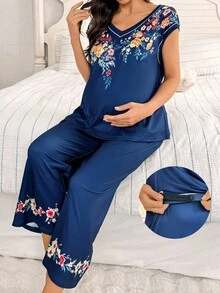 Moonlight&Mama Moonlight & Mama Vintage Print V-Neck Short Sleeve Casual Maternity Pajama Set - Navy Blue - View 4