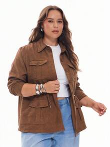 Solavibe Plus Flap Pocket Drawstring Waist Jacket,Barnfit,Barn,Fall Women Clothes