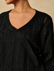 SHEIN VCAY Plus Size Women's Solid Color V-Neck Drop Shoulder Long Sleeve Loose Knit Sweater In Fall/Winter - Black - View 6