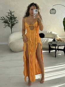 RebeccaVibe Women's Vacation Solid Color Ruffle Hem Split High Low Cami Dress