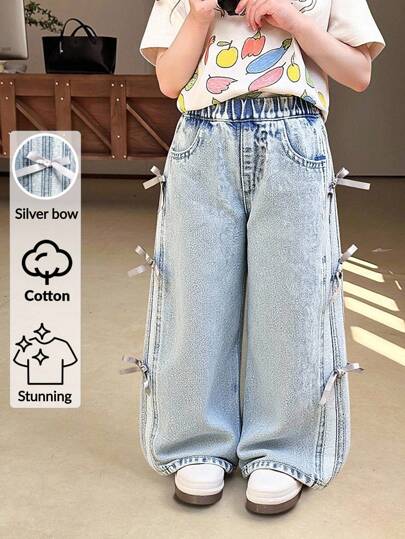 Girls' Fashionable Bowknot Decor Denim Wide Leg Casual Straight Jeans Fall Winter
