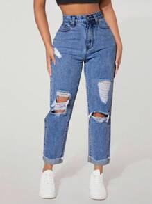 SHEIN PETITE High Waist Ripped Roll Up Hem Straight Leg Jeans