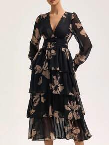 Revavyn Đầm xòe xếp tầng thanh lịch cổ chữ V tay dài in họa tiết cọ voan, họa tiết ngẫu nhiên - Nhiều màu - Xem 4