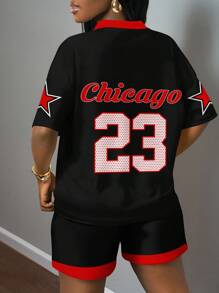 Slaydiva 休闲简约运动风格返校季亮粉紫色数字徽章字母图案条纹女士加大码T恤，适合夏季、运动季、返校季