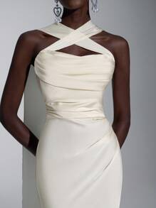 Elitara Elegant Romantic Chiffon Matte Ribbon Decorated Cold-Shoulder Strapless Fitted Mermaid Bridesmaid Dress - Apricot - View 2