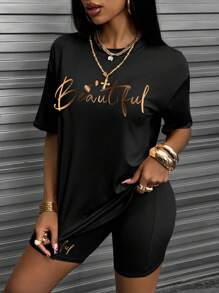 INAWLY Women's Round Neck Short Sleeve Letter Printed Top And Shorts Set - Black - View 3