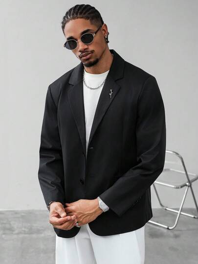 Manfinity Homme Men's Fashionable Versatile Solid Color Suit Jacket Navy Blue Blazer Men Blazer Blazer Men Suit Jacket, A Great Gift For Your Boyfriend, Back To School