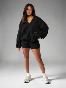 Missguided x Playboy 舒适 V 领纽扣开衫长袖宽松轻便秋冬休闲日常风格宽松柔软针织外套 - 黑色 - 查看 3