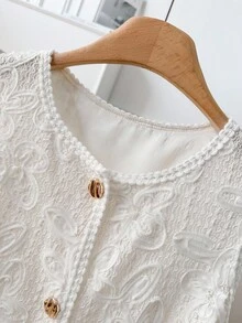 CosyJoli 大码女式宽松休闲纹理提花圆领背心夹克蕾丝白色上衣白色纽扣背心白色蕾丝背心女式蕾丝上衣女式夏季背心秋冬 - 杏色 - 查看 5