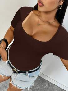 SHEIN Essnce 大码女式夏季休闲上衣，外出上衣，适合乡村音乐会、锐舞派对等场合 - 棕色 - 查看 5