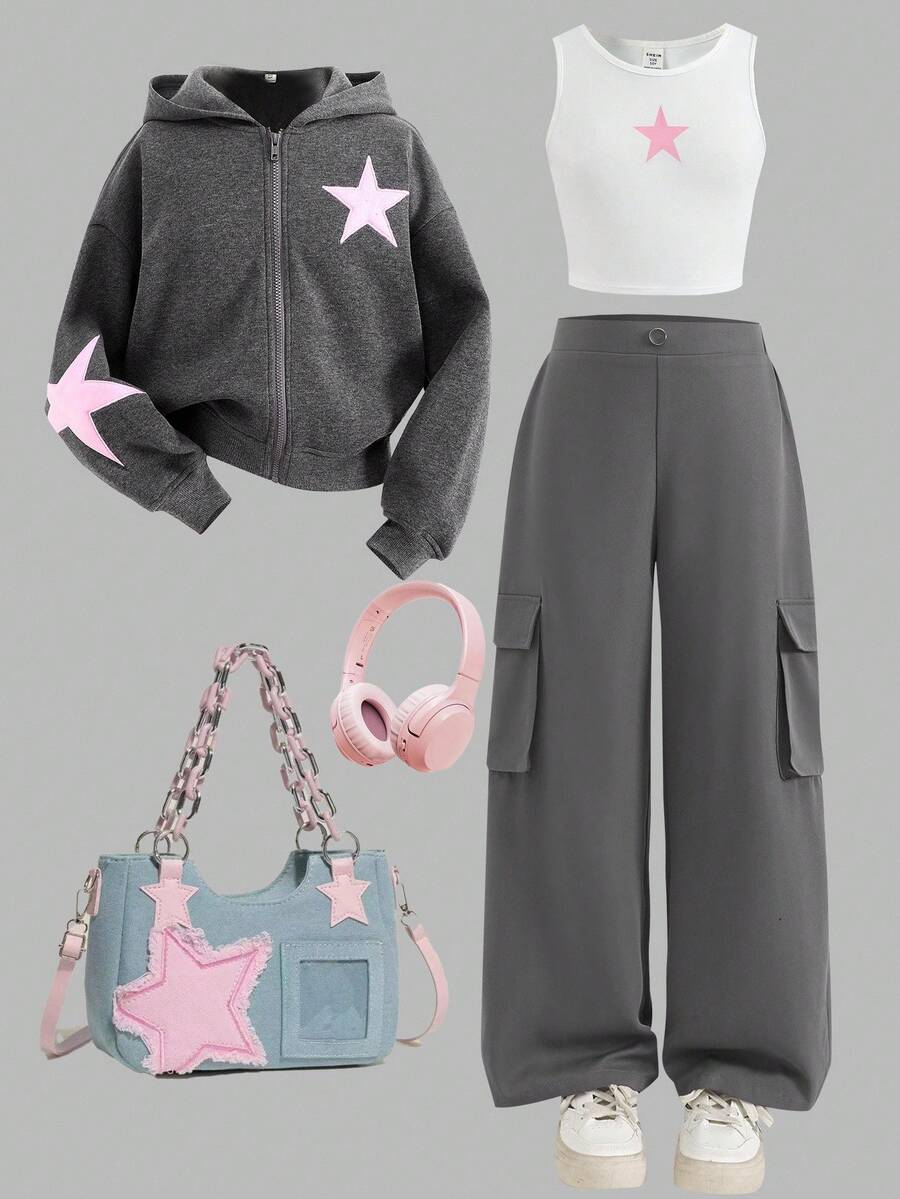 SHEIN مجموعة ملابس مكونة من 3 قطع للفتيات المراهقات، تشمل هودي مطبوع بالنجوم والحروف، وتوب خزان مناسب، وبنطلون كارجو متعدد الاستخدامات، مناسبة للارتداء في المنزل والخارج والرياضة والمدرسة في فصلي الخريف والشتاء - رمادي - مشاهدة 1