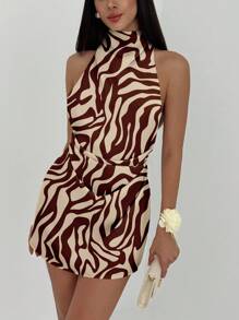 Aloruh 休闲性感风格优雅棕色抽象线条全印花图案女式休闲优雅露背挂脖系带迷你连衣裙，适合夏季、派对、海滩、复古 - 彩色 - 查看 3