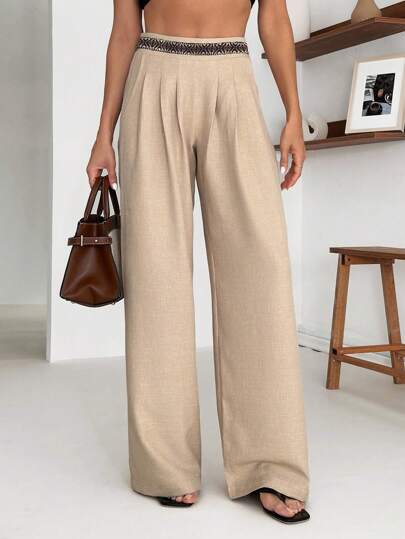 EURMUSE Embroidered Waist Linen Pants, Floral Detail Pleated Trousers, Vintage Style Wide-Leg Pants, High-Waisted Summer Pants, Cream Floral Embellished Pants, Romantic Style Pants, Bohemian Linen Trousers, Premium Collection Pants, Elegant Pleated Wide-Legs, Natural Linen Collection, Soft Pleated Summer Pants, Breathable Fabric