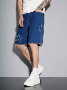 Manfinity Hypemode Shorts Denim Casual Masculina com Barra Desfiada e Lavada, Verão - Lavagem escura - Visão 3